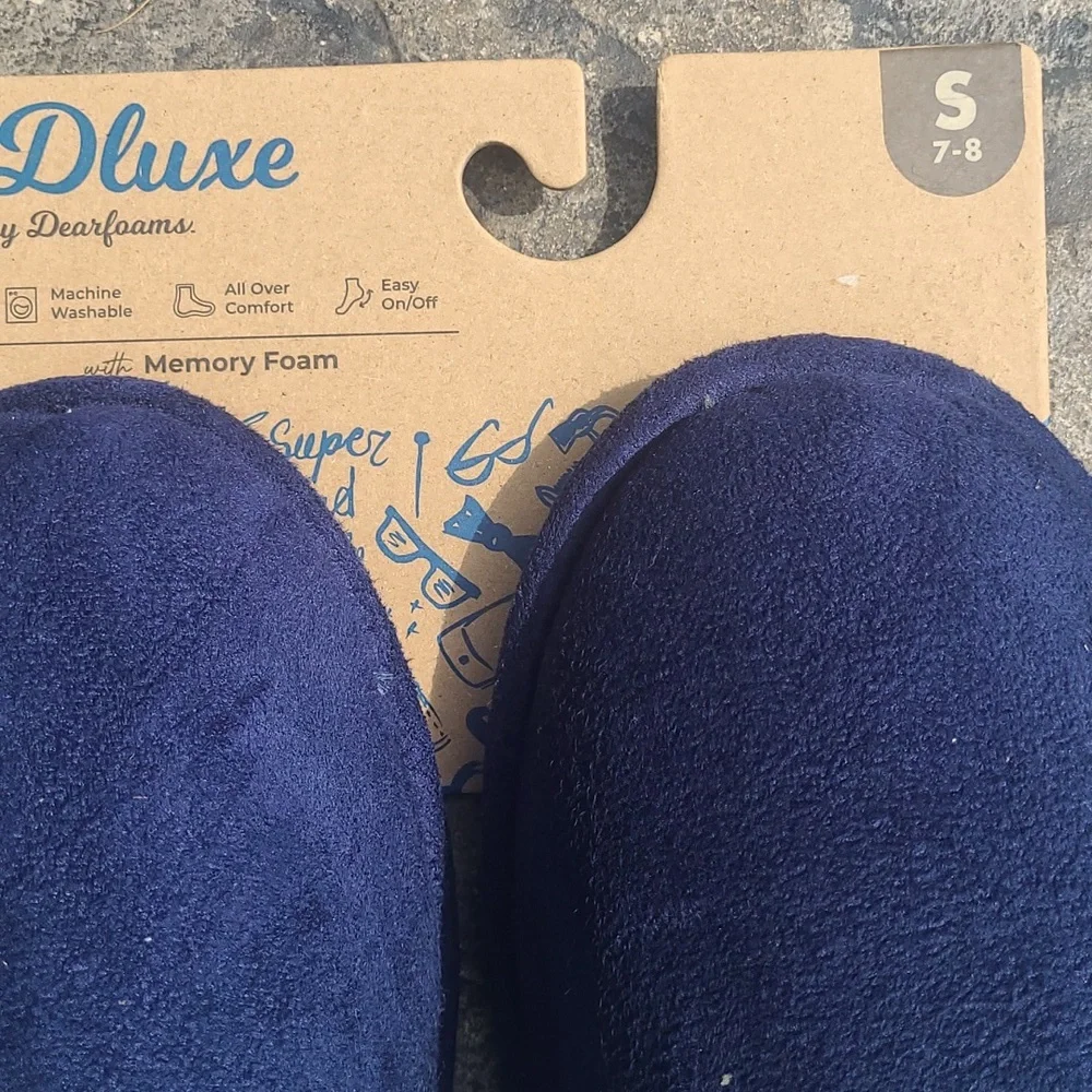 New! Dearfoams Mens Small Blue Worlds Greatest Dad Navy Memory Foam Slippers